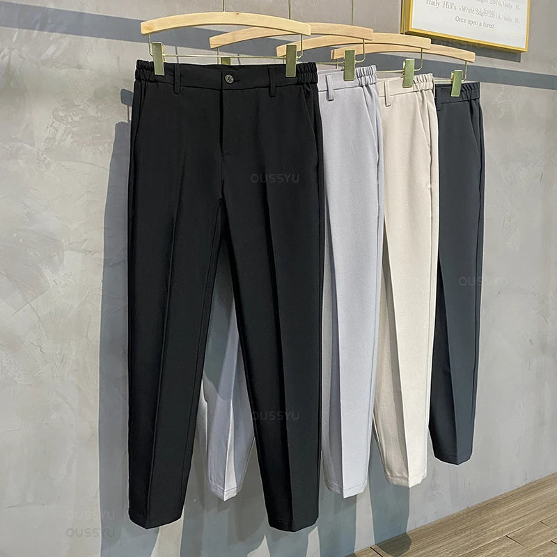 2025 Spring-Summer Men's Slim Fit Casual Business Jogger Pants with Elastic Waist, Available in Plus Sizes 40 and 42, Black
