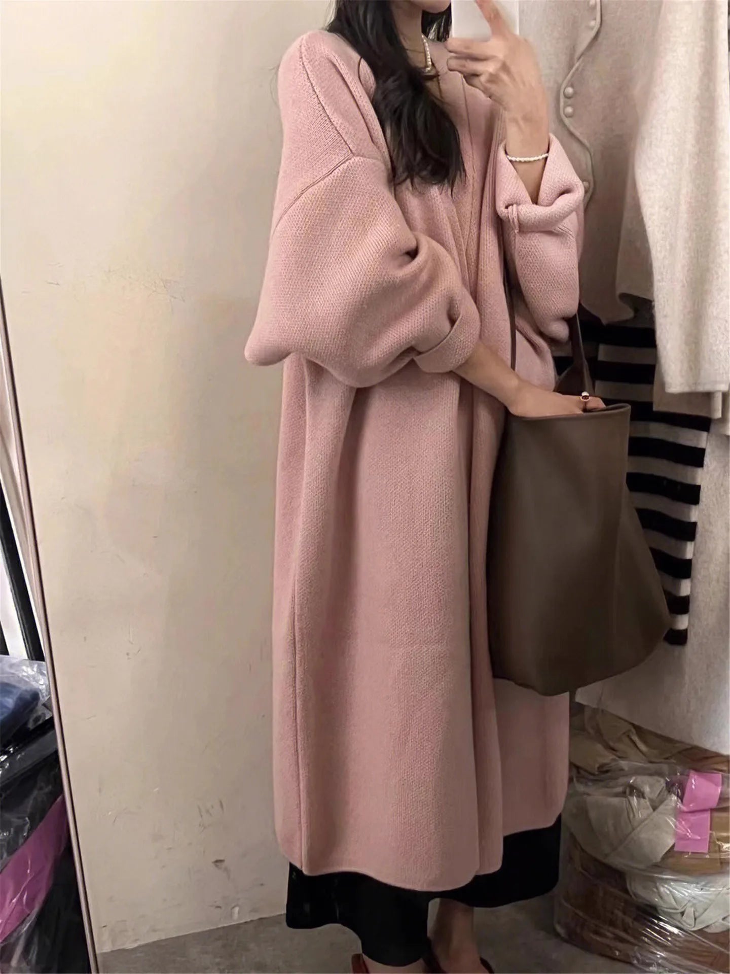 2024 Women's V-Neck Knit Cardigan – Long Sleeve Open Front Sweater, Loose Fit Solid Color Winter Outerwear