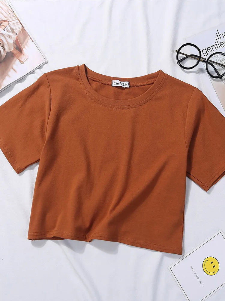 Women’s Summer Casual Cotton Short Sleeve Crop Top – Solid Color O-Neck Loose Fit T-ShirtT