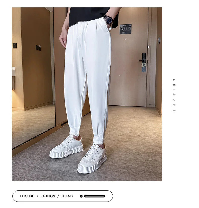 Men’s Spring & Summer Casual Solid Color Ice Silk Trousers — Korean Style Slim Ankle Pants with Zipper Detail, Smooth & Lightweight for a Handsome Look