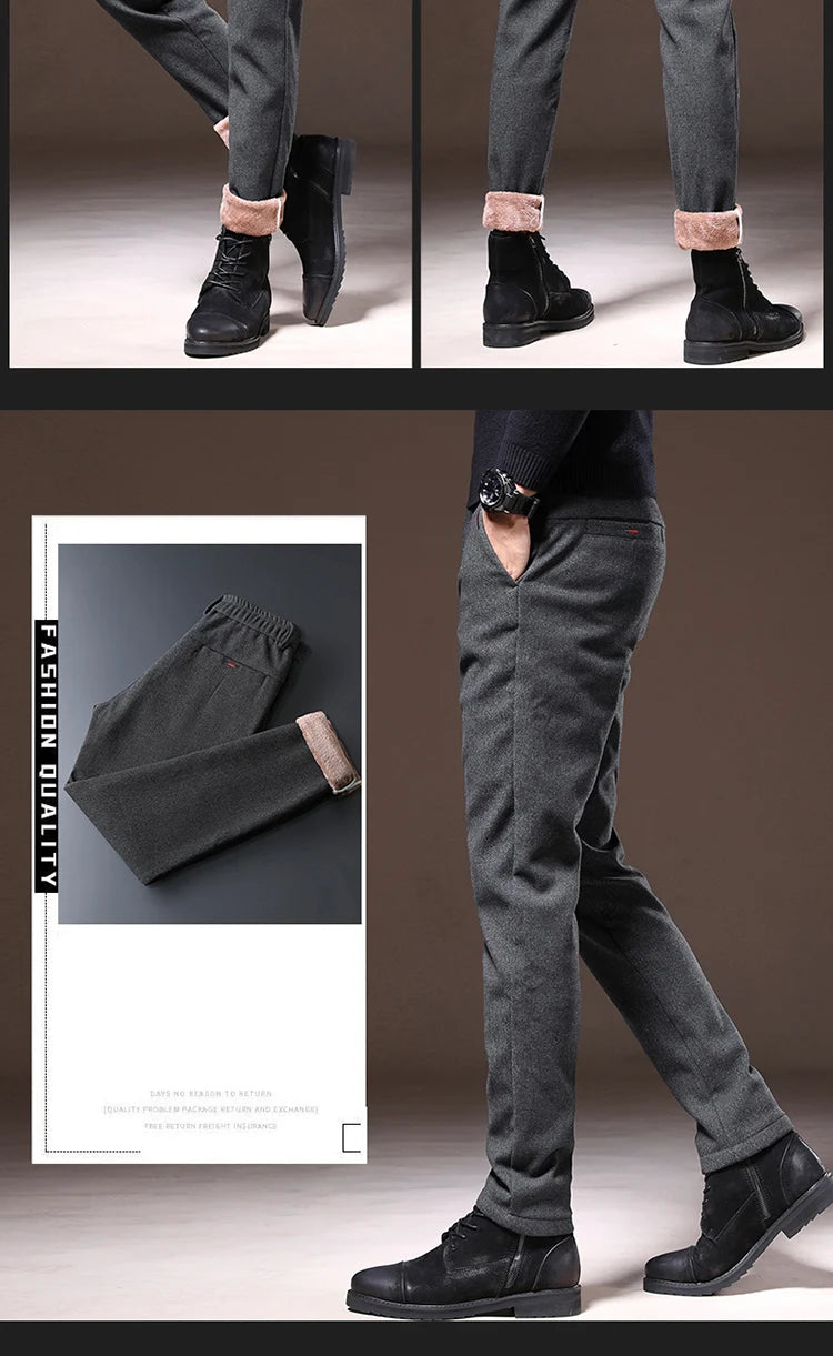 Men's Winter Fleece-Lined Slim Fit Pants – Thick Warm Straight-Leg Casual Business Trousers (Sizes 28-38)