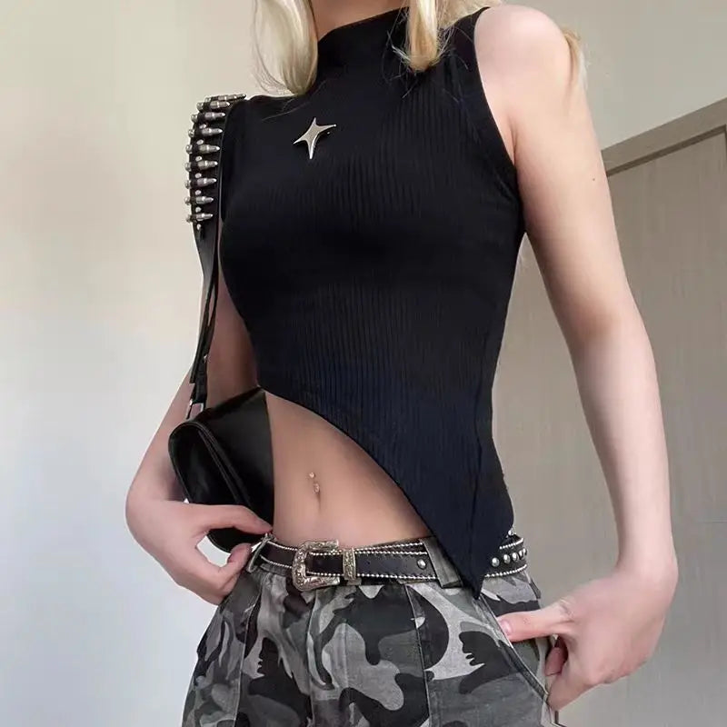 Y2K Style Women's Sleeveless Knit Crop Top – Stretchy Fitted Sweater Vest with High Neck and Asymmetrical Hem, 90s E-Girl Summer Fashion 