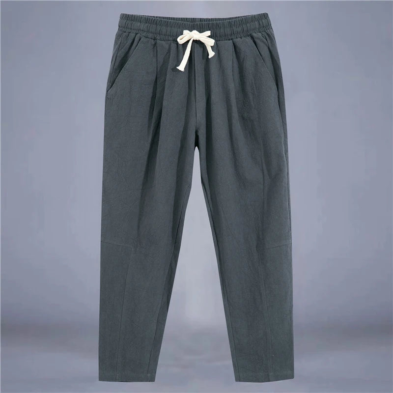 Men's Casual Cotton-Linen Pants – Breathable Loose-Fit Straight-Leg Drawstring Trousers in Solid Colors, Stylish Summer Streetwear