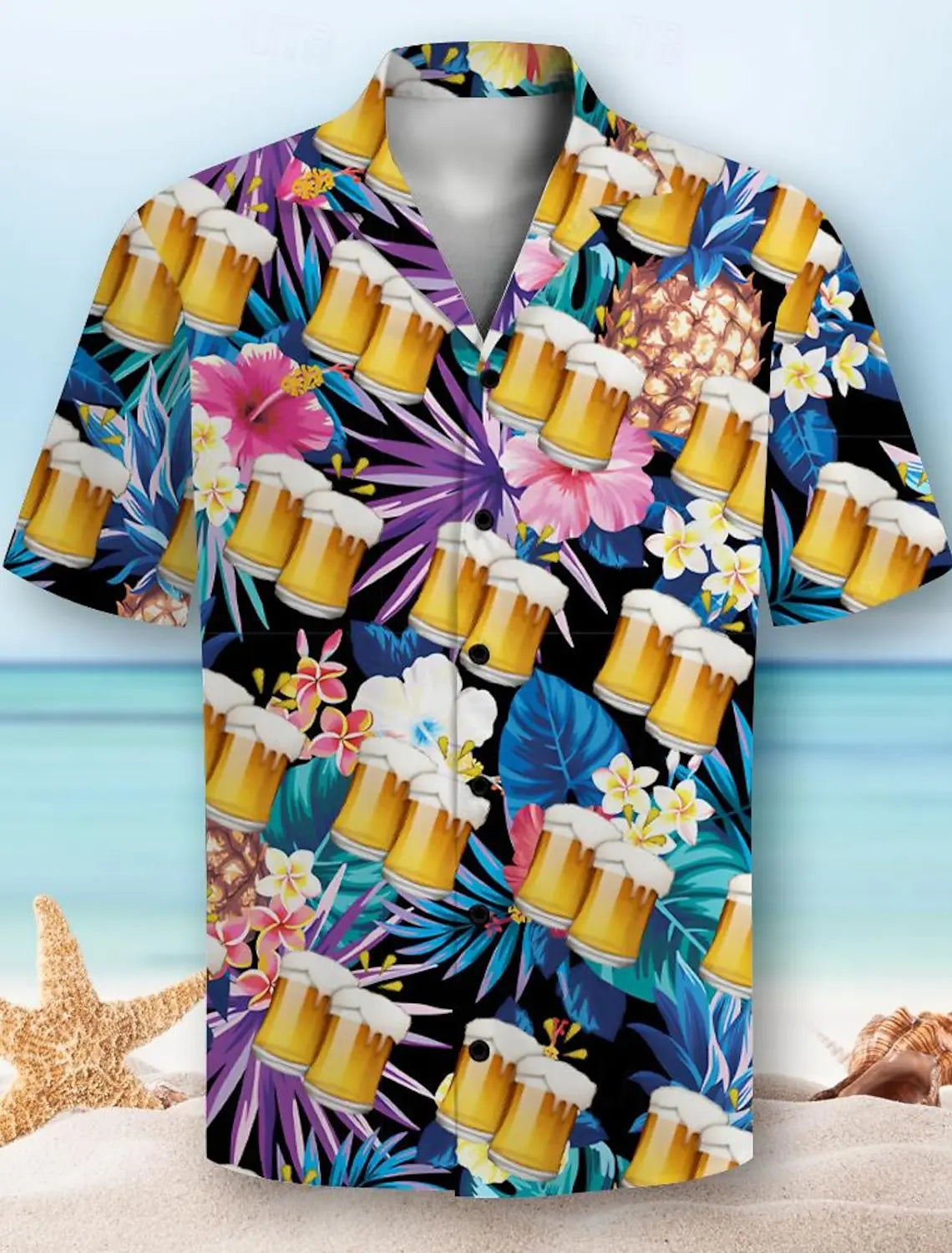 Men’s Short Sleeve Beer Print Button-Down Shirt with Lapel Collar – 3D Design for Summer Parties and Resort Holidays, Hawaiian Vibes