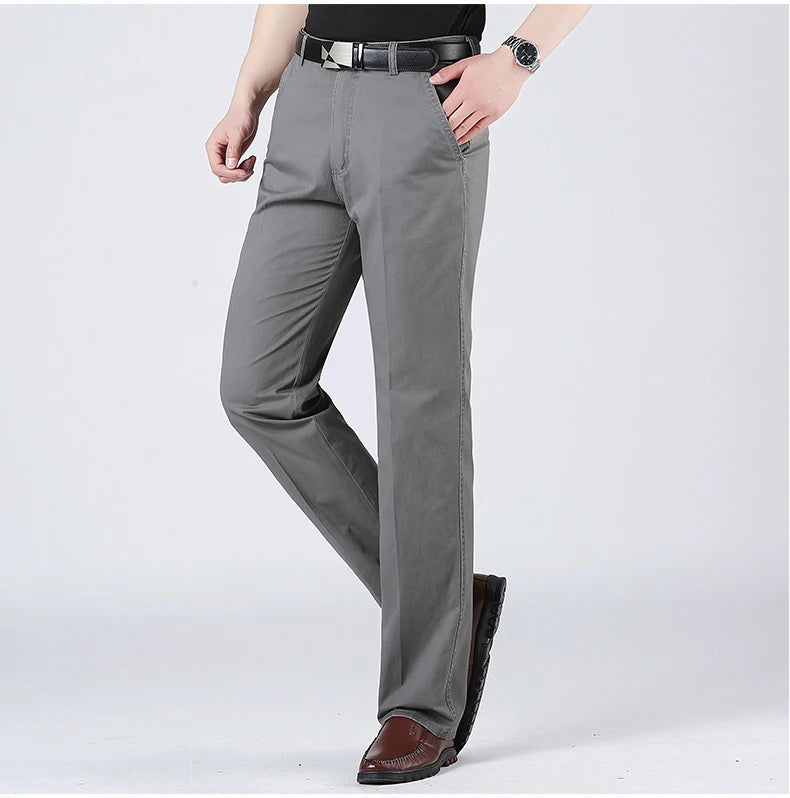 Men's Solid Cotton Straight-Leg Chino Pants – Business Casual Trousers with Belt, Ideal for Autumn & Winter – Classic Formal Style for Adults & Seniors
