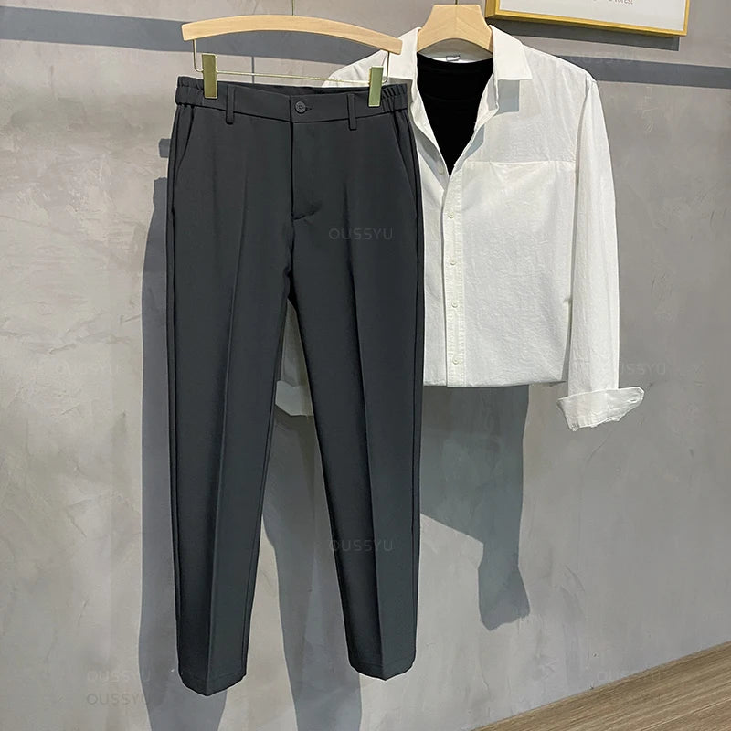2025 Spring-Summer Men's Slim Fit Casual Business Jogger Pants with Elastic Waist, Available in Plus Sizes 40 and 42, Black