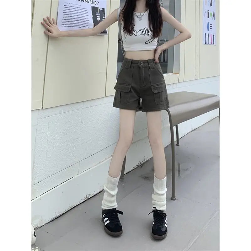 Women's Retro Mid-Waist Cargo Shorts – Casual Summer Streetwear with Pockets