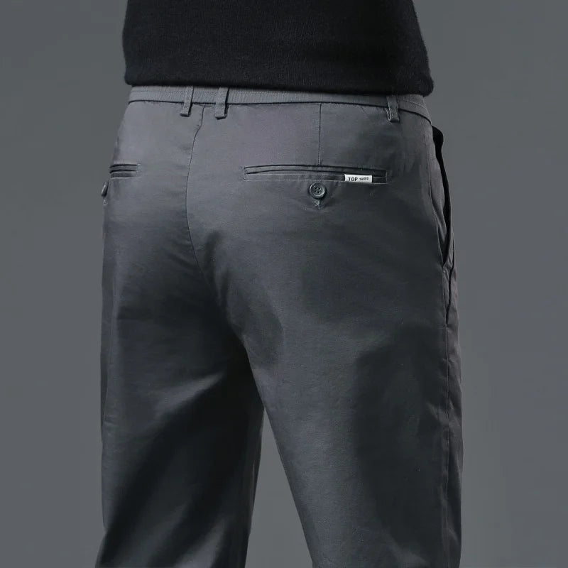 Men’s Classic Straight-Leg Cotton Trousers – 98% Cotton, Breathable Business Casual Pants with Elastic Comfort – Ideal for Spring & Summer