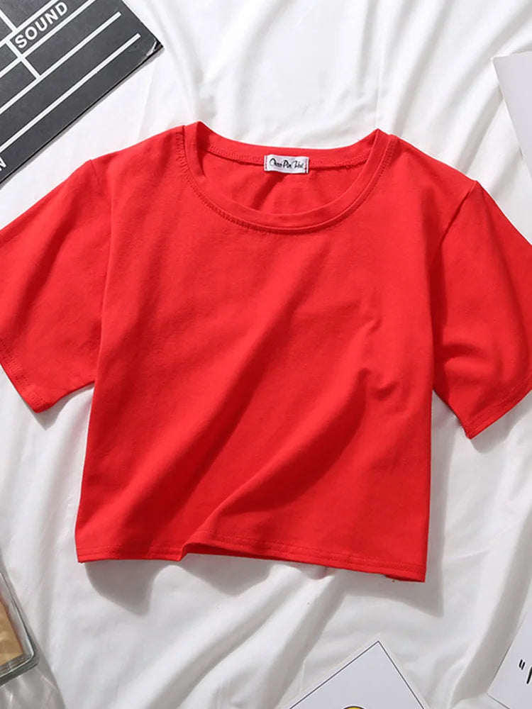 Women’s Summer Casual Cotton Short Sleeve Crop Top – Solid Color O-Neck Loose Fit T-ShirtT