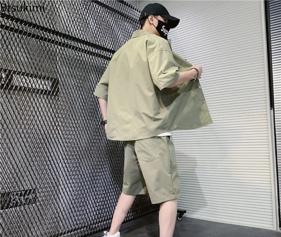 2025 Trendy Korean-Style Men's Summer Outfit – Casual Two-Piece Set Featuring Short Sleeve Shirt & Matching Shorts, Stylish High Street Look for Daily & Streetwear Fashion
