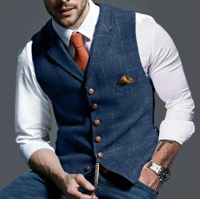 Men's Slim-Fit Plaid Suit Vest – Single-Breasted Casual Waistcoat for Spring & Autumn | European & American Commuter Style