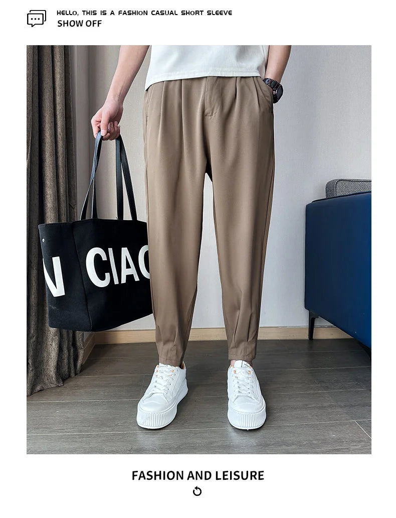 Men’s Spring & Summer Casual Solid Color Ice Silk Trousers — Korean Style Slim Ankle Pants with Zipper Detail, Smooth & Lightweight for a Handsome Look