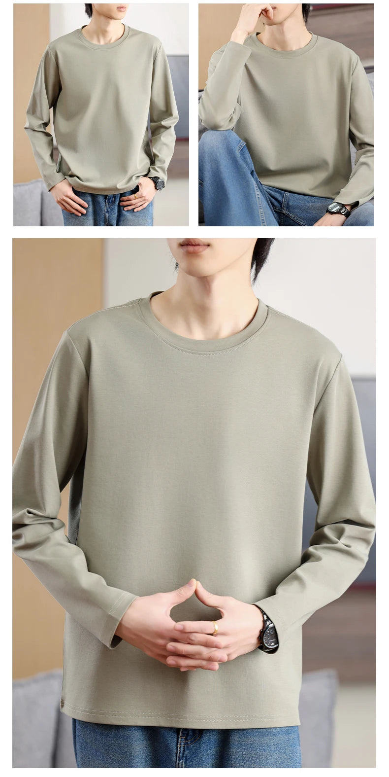 Men's Summer Long Sleeve T-shirt – Solid Color, Round Neck, Casual Style, Made from Mercerized Cotton