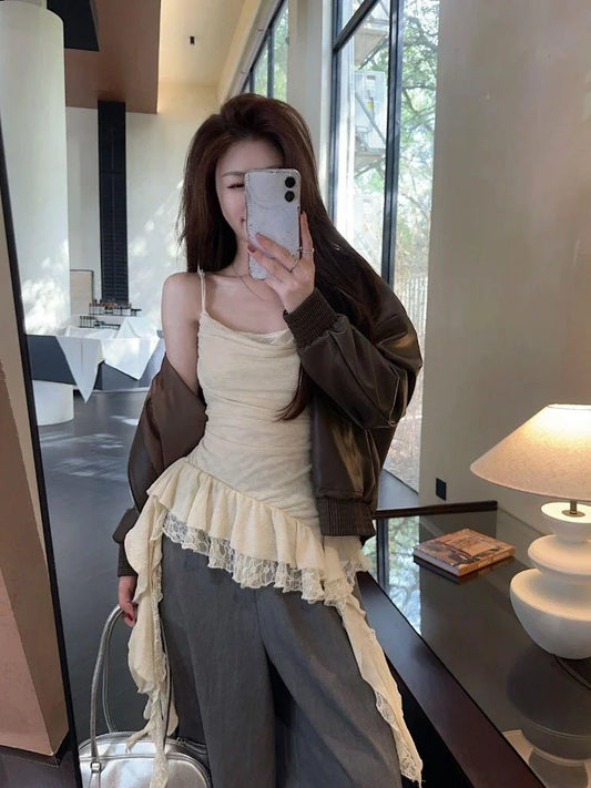 Y2K Aesthetic Lace Patchwork Ruffle Tank Top for Women – Harajuku Streetwear Irregular Pleated Bodycon Camisole