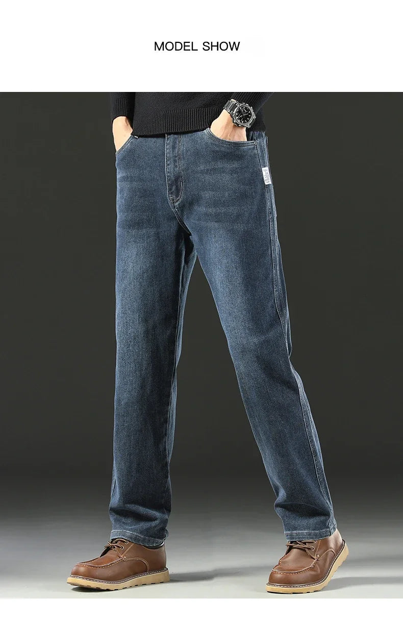 2025 Spring Men's High-Waist Spliced Washed Denim Jeans – Loose Straight Fit Stretch Cotton Blend Casual Brand Trousers 
