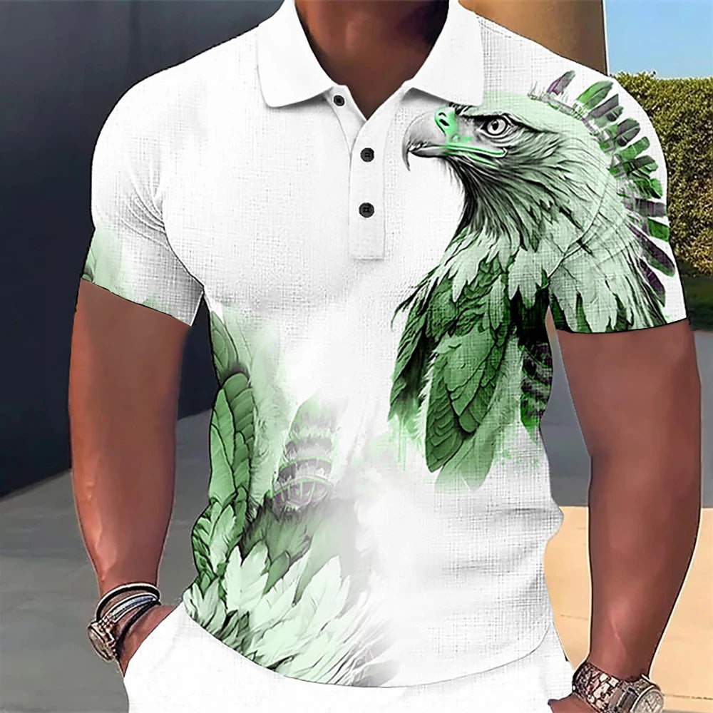 Men’s Polo Shirt with 3D Wolf & Eagle Print – High-Quality Summer Casual Loose Fit Short Sleeve Tee