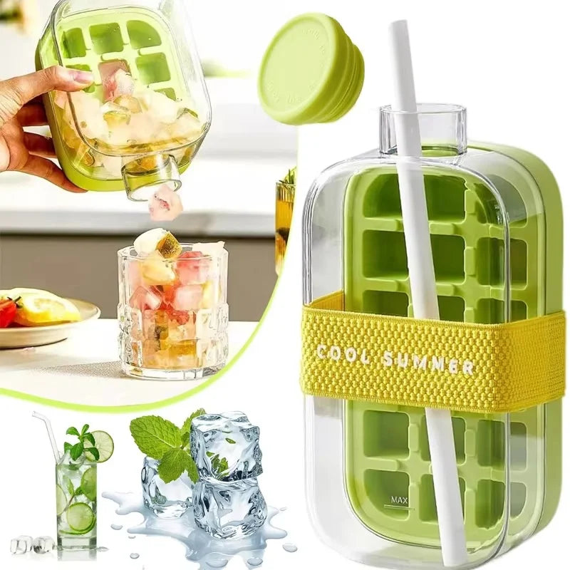 No-Spill Ice Cube Tray with Lid – Touch-Free Silicone Ice Mold for Freezer with Straw & Cable Tie