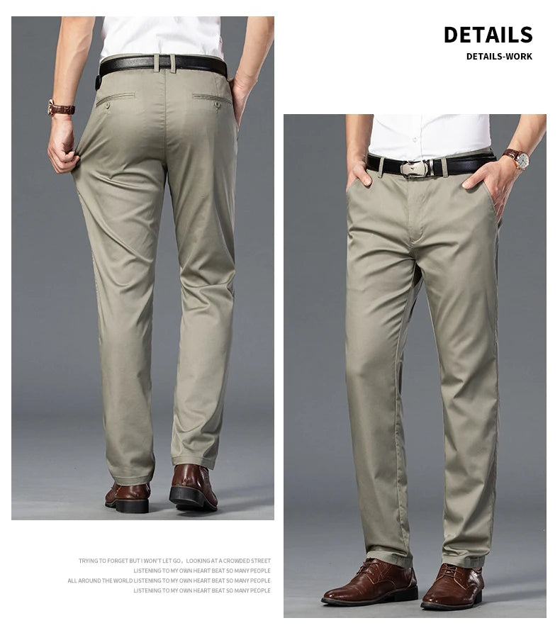 Men's Lightweight Summer Slim-Fit Suit Trousers – Business Casual Cotton Pants in Green, Black, and Khaki (Sizes 30–40)