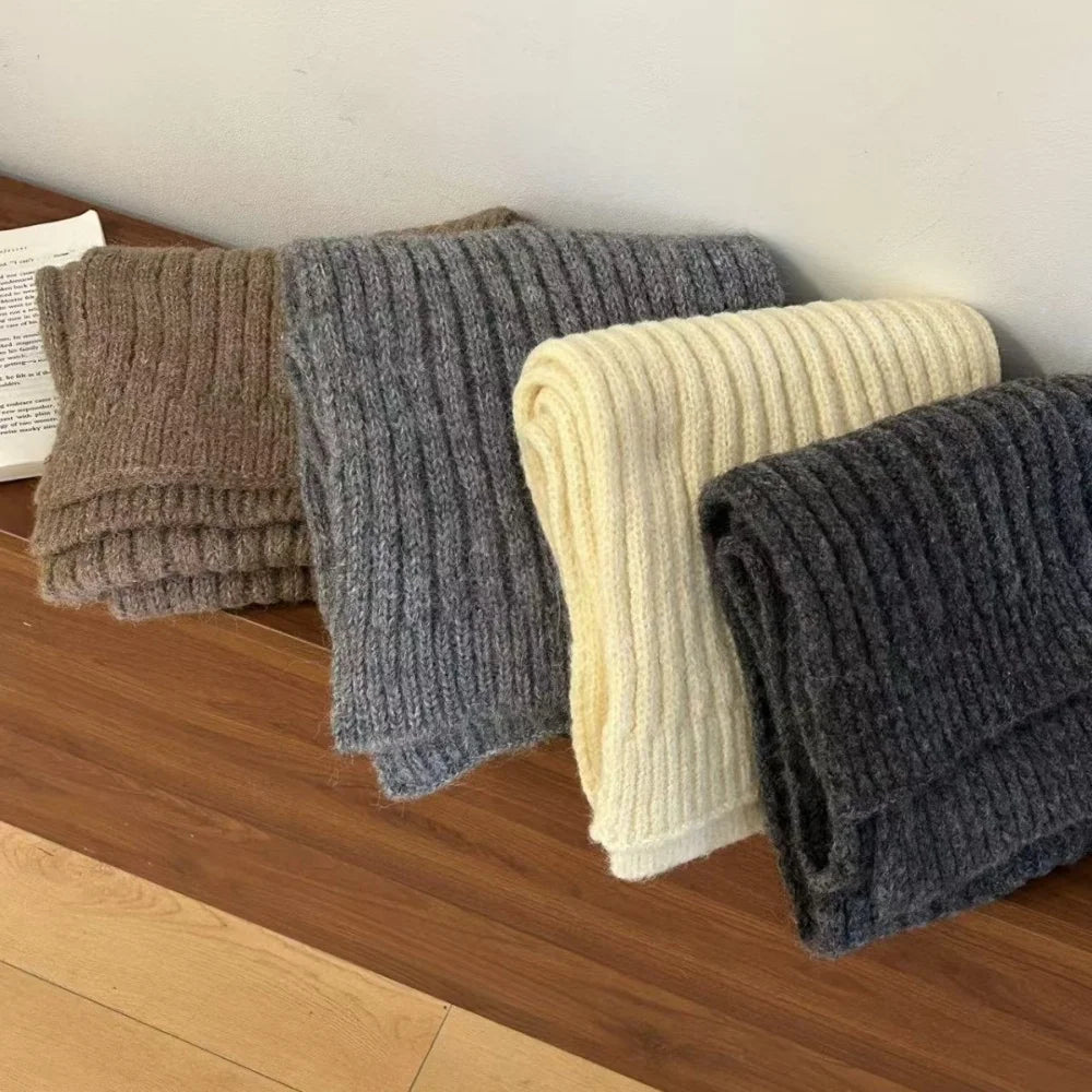 High-End Korean Style Thick Knit Scarf for Women – Warm Woolen Solid Color Winter & Autumn Wrap