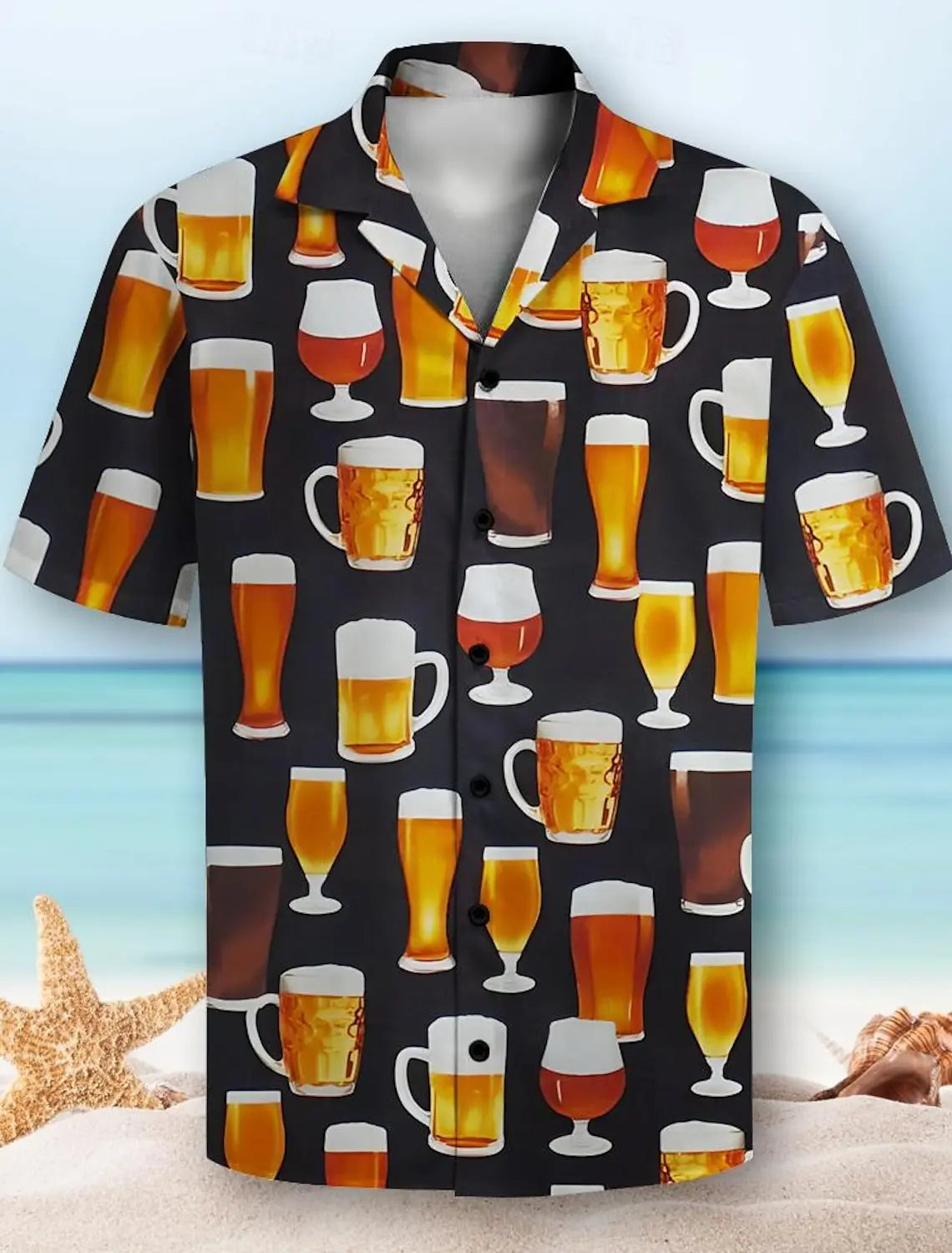 Men’s Short Sleeve Beer Print Button-Down Shirt with Lapel Collar – 3D Design for Summer Parties and Resort Holidays, Hawaiian Vibes