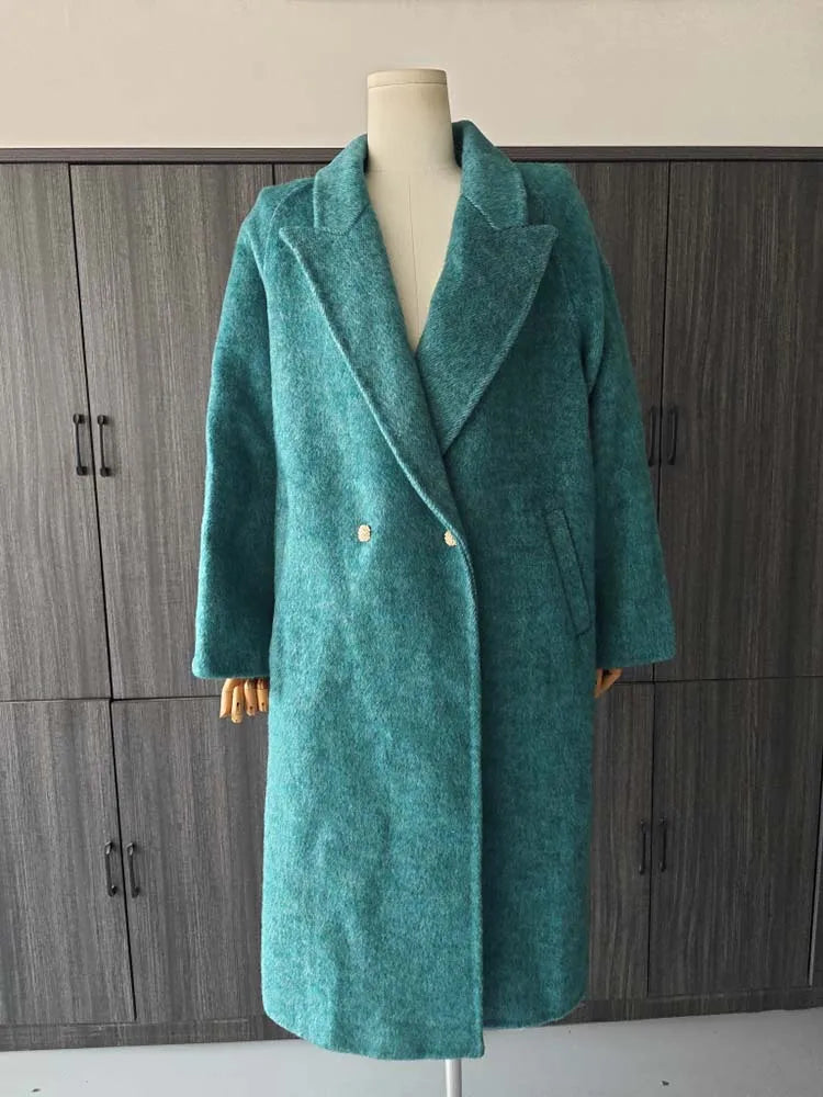 ZMEENNA Elegant Blue Wool Blend Long Winter Coat for Women – Double-Breasted Lapel Overcoat with Loose Fit and Warm Design (Model ZM3425)