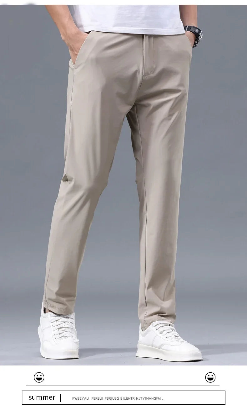 Men's Summer Lightweight Stretch Suit Pants – Slim Fit Korean Style Business Casual Trousers with Elastic Waist