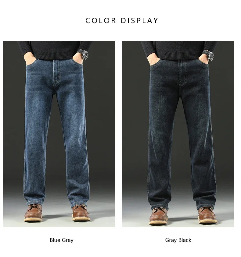2025 Spring Men's High-Waist Spliced Washed Denim Jeans – Loose Straight Fit Stretch Cotton Blend Casual Brand Trousers 