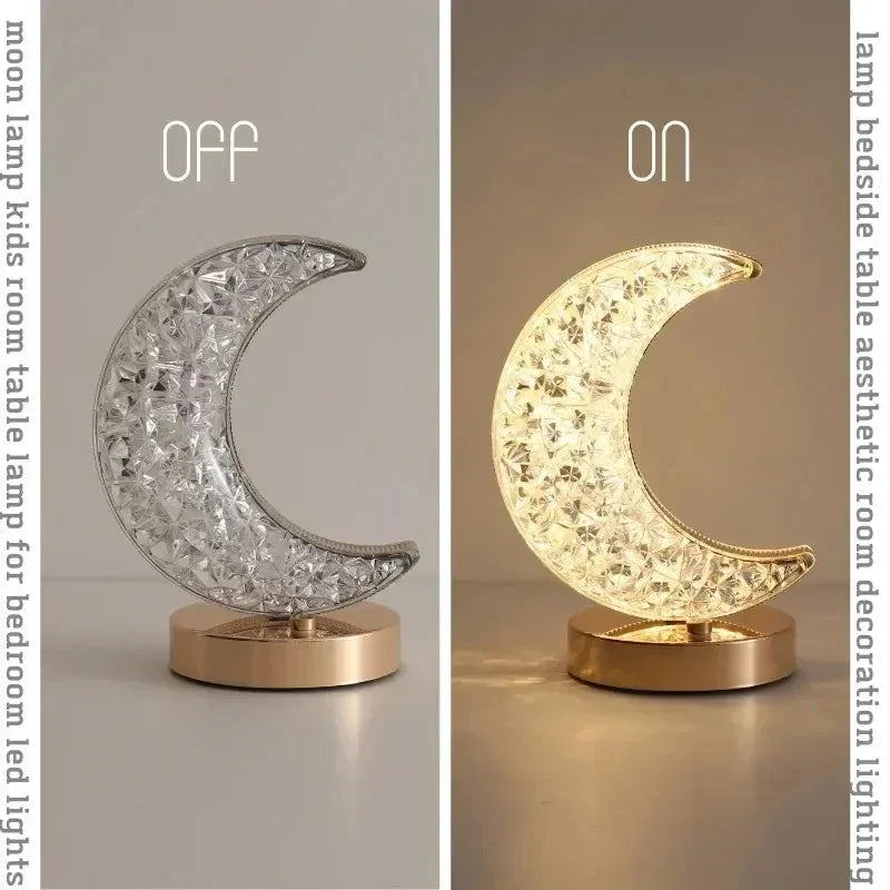 Rechargeable Crystal Touch Dimmable Night Lamp for Bedroom, Girls’ Room, USB LED Ambient Table Light with 3D Moon Design
