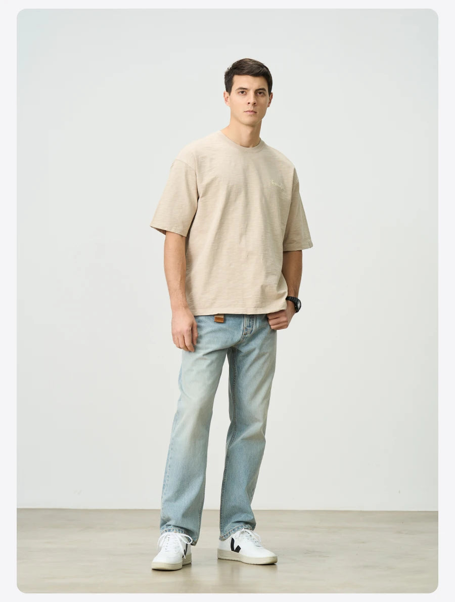 SIMWOOD 2025 Summer Oversized Heavyweight 300gsm Slub Cotton T-Shirt for Men with Letter Embroidery