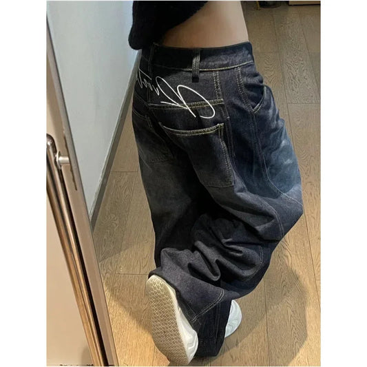 Women’s Black High-Waist Vintage Jeans – Hip Hop Straight Baggy Wide-Leg Denim Pants in Y2K American Street Style