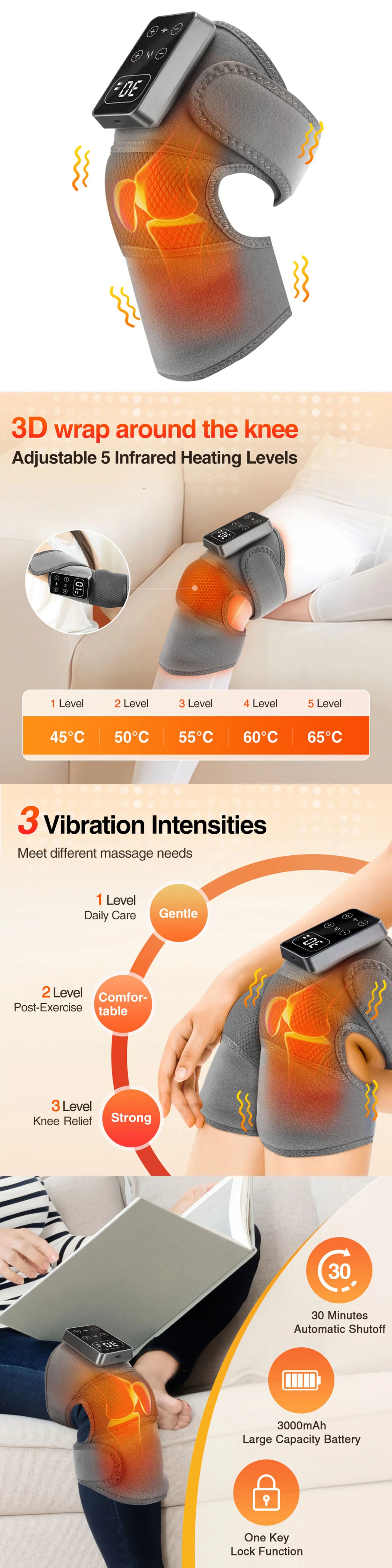 3-in-1 Electric Heated Knee Massager Pad with Vibration – Hot Compress for Shoulder, Elbow & Joint Muscle Relief
