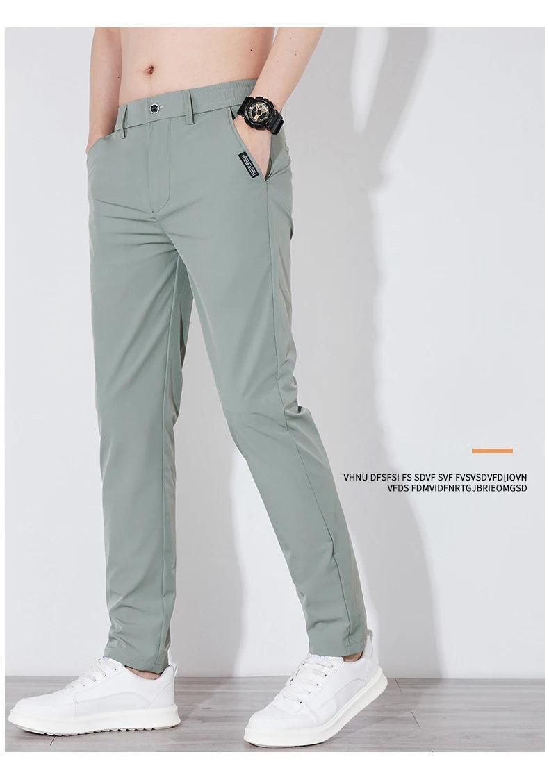Men's Summer Silk-Feel Stretch Trousers – Lightweight Classic Business Casual Pants with Elastic Waist – Korean Style Smooth Suit Pants in Black or Gray