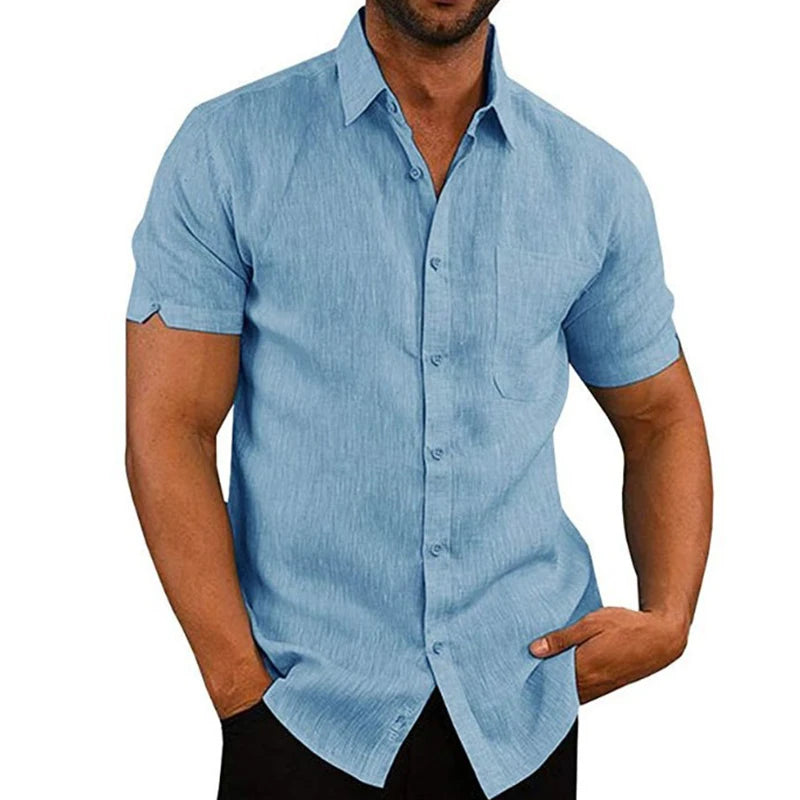 Men’s Summer Cotton Linen Short Sleeve Shirt – Casual & Formal Business Blouse, Lightweight Breathable Top