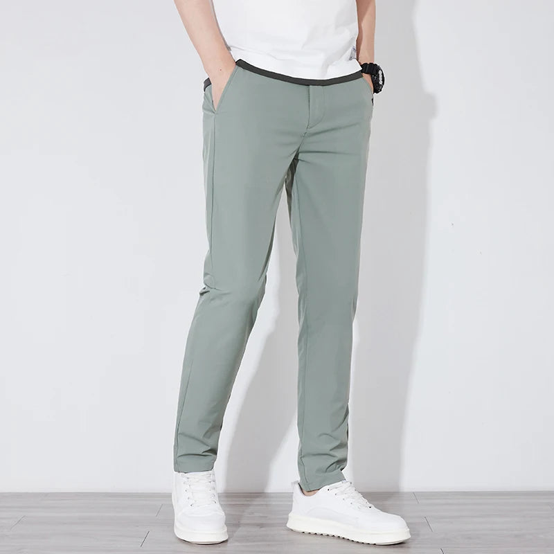 Men's Summer Silk-Feel Stretch Trousers – Lightweight Classic Business Casual Pants with Elastic Waist – Korean Style Smooth Suit Pants in Black or Gray