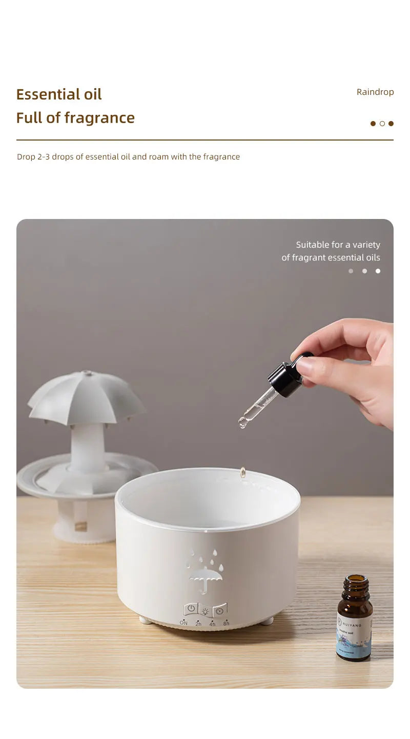Cloud Rain Aroma Diffuser with Humidifier, Raindrop Design, Remote-Controlled Night Light, Desktop Water Fountain with Soothing Water Drop Sounds for Home Use