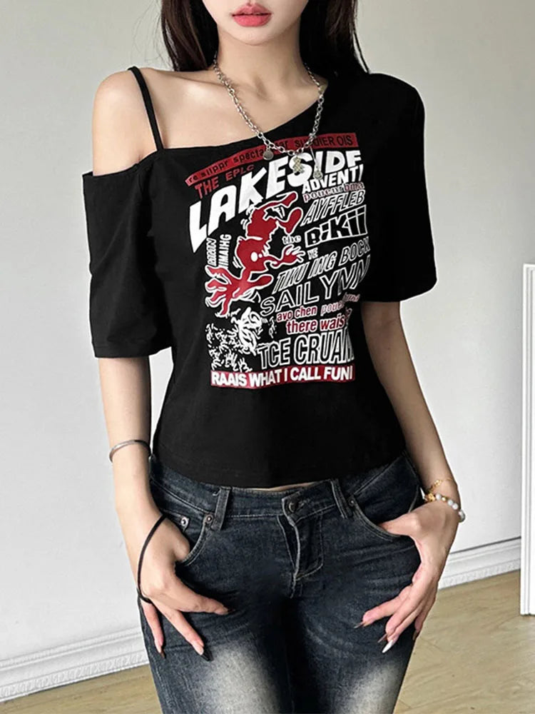 Y2K Gothic Off-Shoulder Crop Top – Women's Punk Style Letter Print T-Shirt, Harajuku Aesthetic Grunge Streetwear for Summer