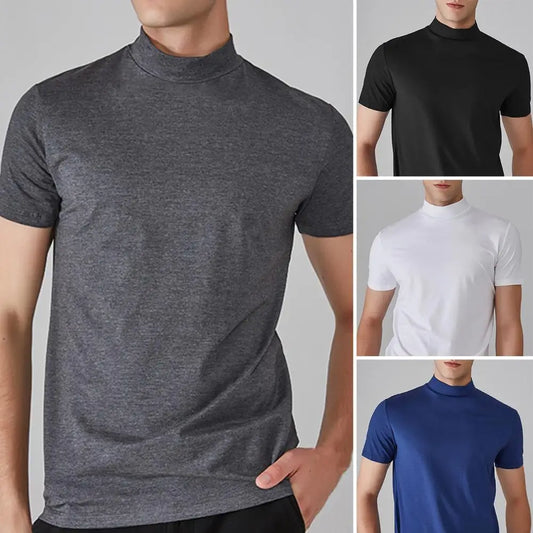 Slim Fit Men’s Half-Turtleneck T-Shirt – Casual Summer Short Sleeve, Solid Color, Elastic and Lightweight Pullover Tee