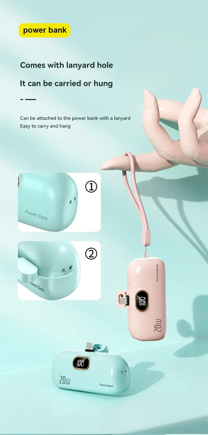 Mini 10000mAh Portable Power Bank with Built-in Cables – Compact External Battery Charger for iPhone & Type-C Devices