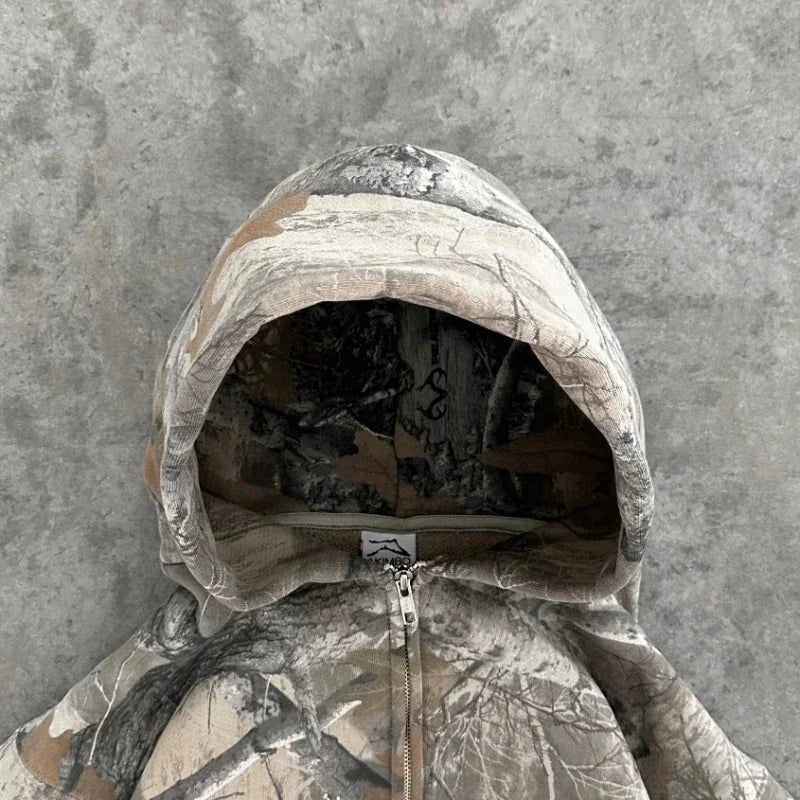 Y2K Camouflage Leaf Print Hoodie – Unisex Retro Streetwear Loose Fit Hip Hop Sweatshirt for Men & Women