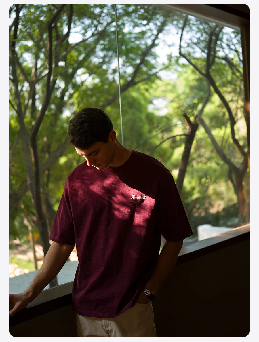 SIMWOOD 2025 Summer Oversized Heavyweight 300gsm Slub Cotton T-Shirt for Men with Letter Embroidery