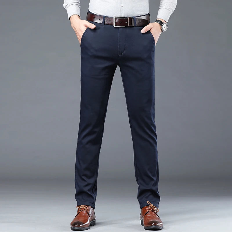 Men's Lightweight Summer Slim-Fit Suit Trousers – Business Casual Cotton Pants in Green, Black, and Khaki (Sizes 30–40)