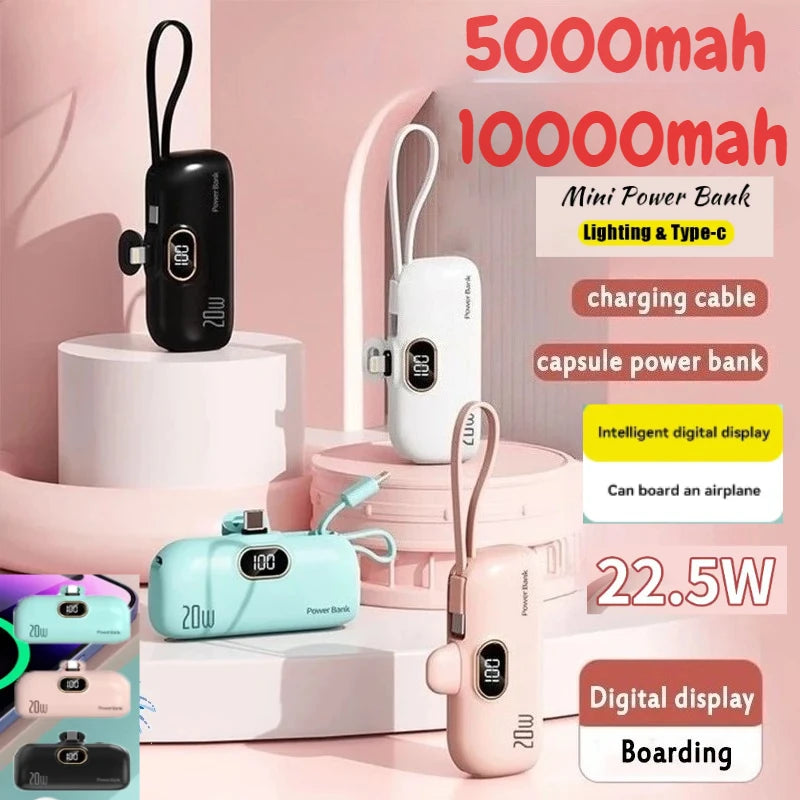 Mini 10000mAh Portable Power Bank with Built-in Cables – Compact External Battery Charger for iPhone & Type-C Devices