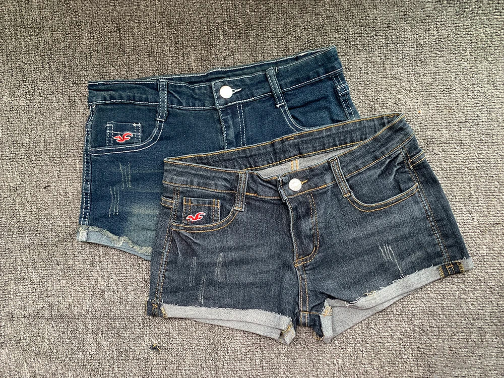 Summer Korean Style Low Waist Slim Fit Denim Shorts for Women, Y2K Elastic Hot Pants with Embroidery and Wrapped Design