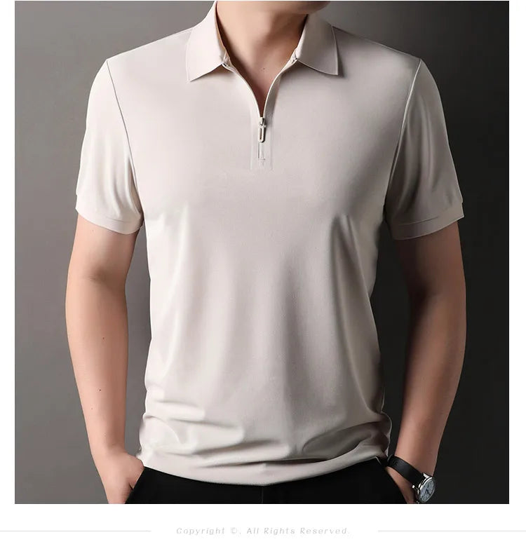 Men’s Slim Fit Half-Zip Polo Shirt – Light Beige Stretch Cotton Casual Top with Classic Collar