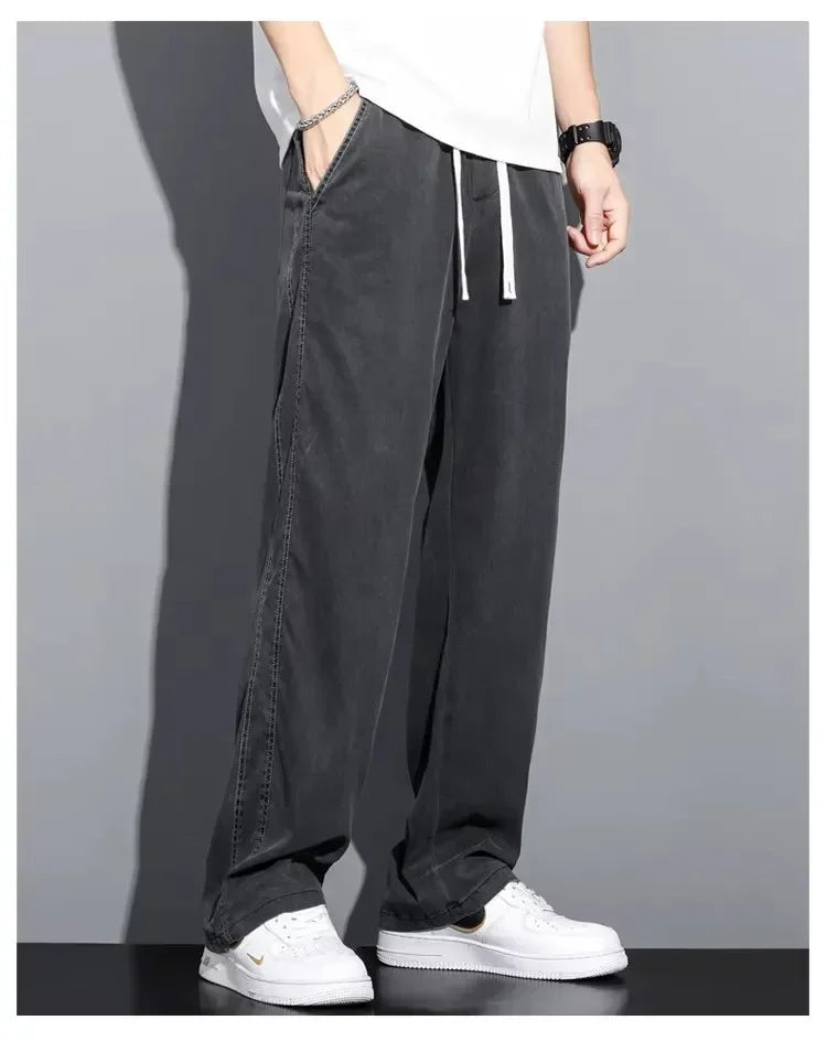 2025 Summer Men's Lightweight Lyocell Jeans – Loose Fit, Straight-Leg Casual Pants with Elastic Waist and Drawstring, Korean Style 