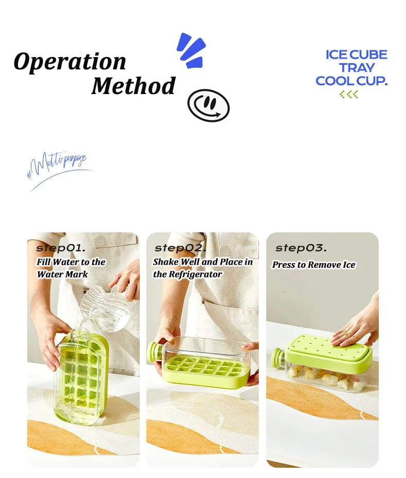 No-Spill Ice Cube Tray with Lid – Touch-Free Silicone Ice Mold for Freezer with Straw & Cable Tie