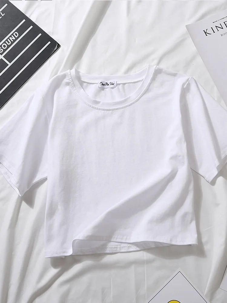 Women’s Summer Casual Cotton Short Sleeve Crop Top – Solid Color O-Neck Loose Fit T-ShirtT