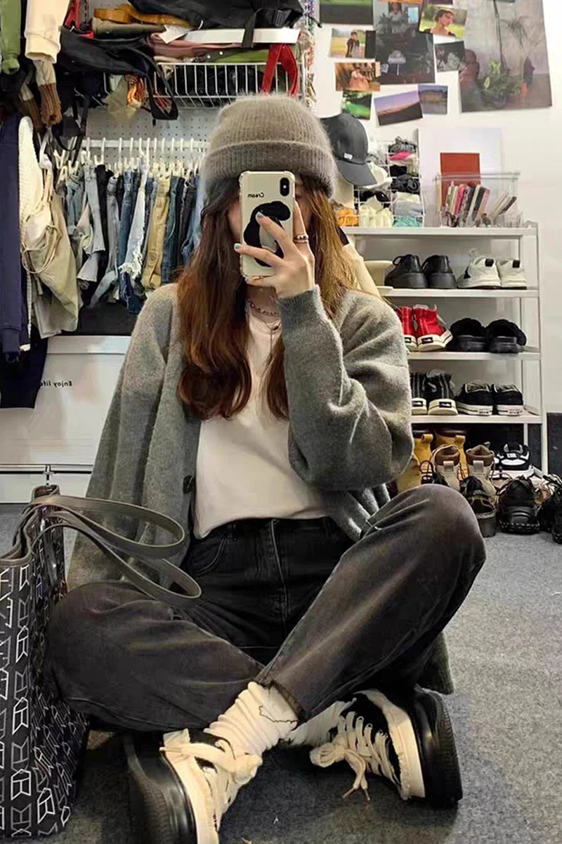 Casual Gray Mid-Length Knit Cardigan for Women with Pockets – Korean Style Open Front Sweater Coat for Autumn