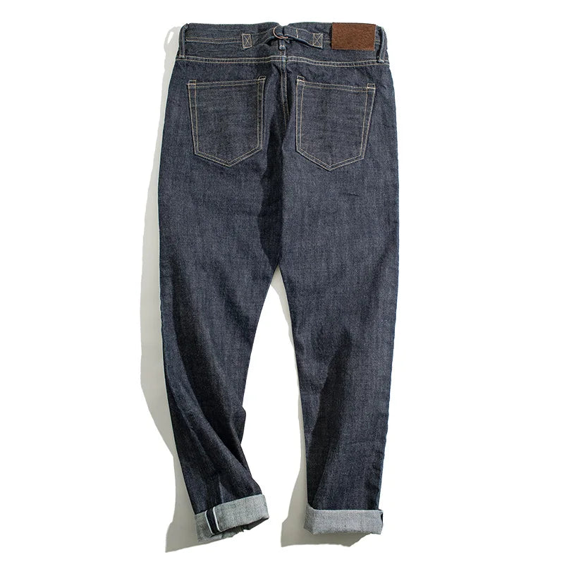 Maden 14oz Raw Selvedge Denim Jeans for Men – Vintage Straight Fit with Horsehide Leather Patch, Paris Buckle Style – Ideal for Spring & Fall