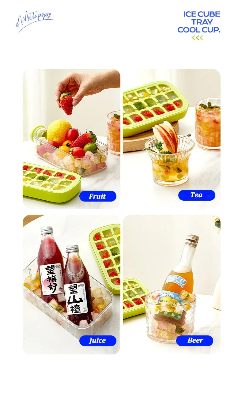No-Spill Ice Cube Tray with Lid – Touch-Free Silicone Ice Mold for Freezer with Straw & Cable Tie